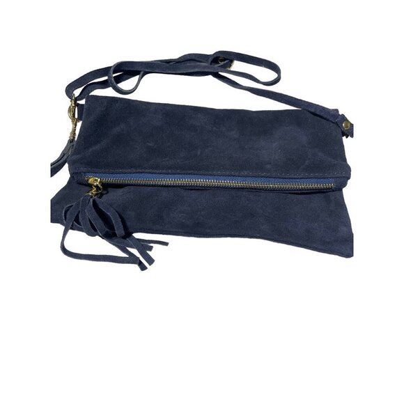 Dark Blue Suede Leather Crossbody Bag With Gold Zipper & Tassel - 9"x6" - Picture 1 of 4